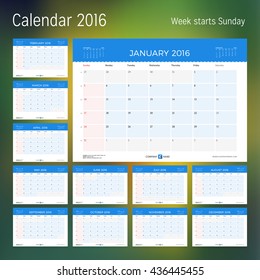 Calendar for 2016 year. Planner template. Vector design print template. Week starts Monday. Set of 12 calendar pages. Stationery design