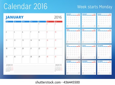 Calendar for 2016 year. Planner template. Vector design print template. Week starts Monday. Set of 12 calendar pages. Stationery design