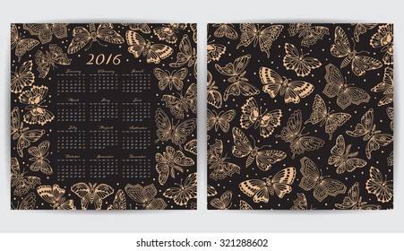 Calendar 2016 year and seamless pattern with decorative butterflies. Vector design template