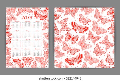 Calendar 2016 year and seamless pattern with decorative butterflies. Vector design template