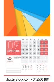 Calendar for 2016 Year. September. Vector Design Clean Template with Modern Abstract Background, Logo and Place for Notes. Week Starts Monday