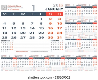 Calendar for 2016 Year. Set of 12 Months. Vector Design Print Template with Place for Photo. Week Starts Monday