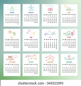 Calendar 2016 year with simple doodle illustrations for each month