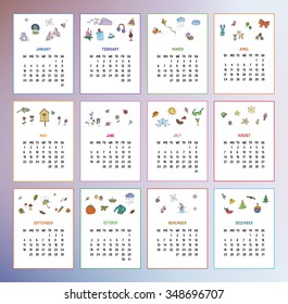 Calendar 2016 year with simple doodle illustrations for each month