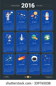 Calendar for 2016 Year with Space Icons and Illustrations on Blue Background. Vector Design Print Template. Week Starts Monday