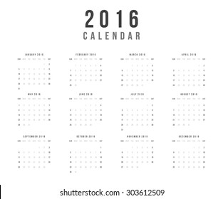 Calendar 2016 year vector design template - Minimalism Style