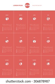 Calendar 2016 year, vector design template, in red