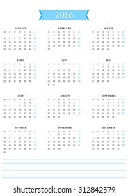 Calendar for 2016 Year. Vector Design Print Template. Week Starts Monday. Portrait Orientation