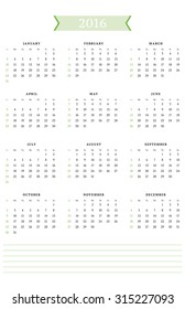 Calendar for 2016 Year. Vector Design Print Template. Week Starts Sunday. Portrait Orientation