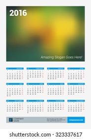 Calendar for 2016 Year. Vector Design Print Template with Place for Photo, Company Logo and Contact Information. Week Starts Monday