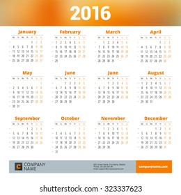 Calendar for 2016 Year. Vector Design Print Template with Place for Photo, Company Logo and Contact Information. Week Starts Monday
