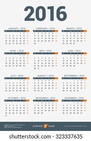 Calendar for 2016 Year. Vector Design Print Template with Company Logo and Contact Information. Week Starts Monday