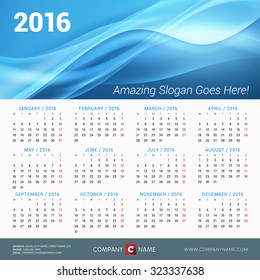 Calendar for 2016 Year. Vector Design Print Template with Place for Photo, Company Logo and Contact Information. Week Starts Monday
