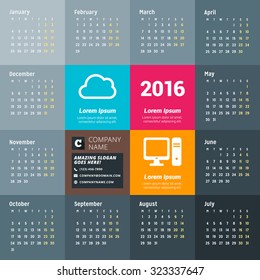 Calendar for 2016 Year. Vector Design Print Template with Technology Icons, Company Logo and Contact Information. Week Starts Monday