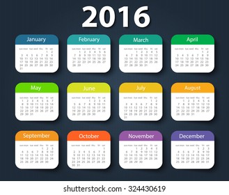 Calendar 2016 year vector design template. EPS10