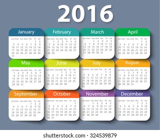 Calendar 2016 year vector design template. EPS10