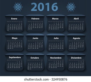 Calendar 2016 year vector design template in Spanish. EPS