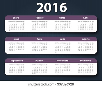 Calendar 2016 year vector design template in Spanish. EPS