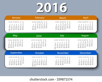 Calendar 2016 year vector design template. EPS10