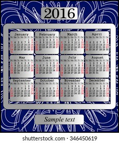 Calendar 2016 year vector design template with abstract pattern. 