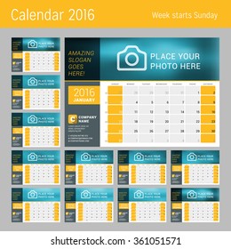 Calendar for 2016 Year. Vector Design Print Template. Week Starts Sunday. Calendar Grid with Week Numbers. Set of 12 Months