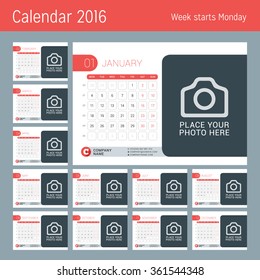 Calendar for 2016 Year. Vector Design Calendar Template with Place for Photo. Week Starts Monday. Set of 12 Months. 