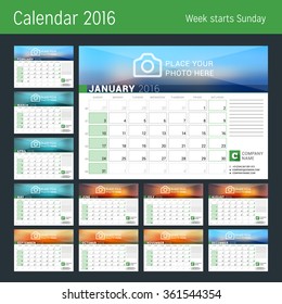 Calendar for 2016 Year. Vector Design Calendar Planner Template with Place for Photo. Week Starts Sunday. Set of 12 Months. 