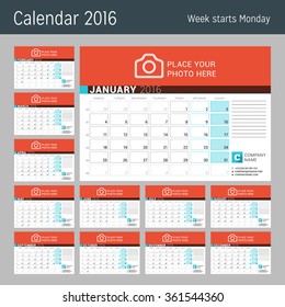 Calendar for 2016 Year. Vector Design Calendar Planner Template with Place for Photo. Week Starts Monday. Set of 12 Months. 