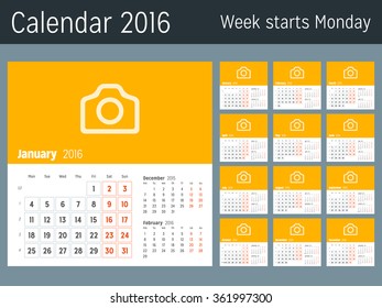 Calendar for 2016 Year. Vector Design Print Template. Week Starts Monday. Calendar Grid with Week Numbers. Set of 12 Months