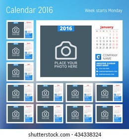 Calendar for 2016 year. Vector design print template with place for photo. Week starts Monday. Set of 12 calendar pages. Stationery design