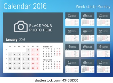 Calendar for 2016 year. Vector design print template with place for photo. Week starts Monday. Set of 12 calendar pages. Stationery design