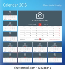 Calendar for 2016 year. Vector design print template with place for photo. Week starts Monday. Set of 12 calendar pages. Stationery design