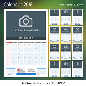 Calendar for 2016 year. Vector design print template with place for photo. Week starts Sunday. Set of 12 calendar pages. Stationery design