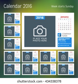 Calendar for 2016 year. Vector design print template with place for photo. Week starts Sunday. Set of 12 calendar pages. Stationery design