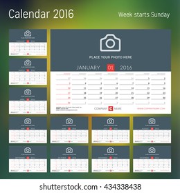 Calendar for 2016 year. Vector design print template with place for photo. Week starts Sunday. Set of 12 calendar pages. Stationery design