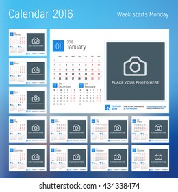Calendar for 2016 year. Vector design print template with place for photo. Week starts Monday. Set of 12 calendar pages. Stationery design