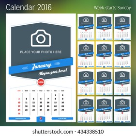 Calendar for 2016 year. Vector design print template with place for photo. Week starts Sunday. Set of 12 calendar pages. Stationery design