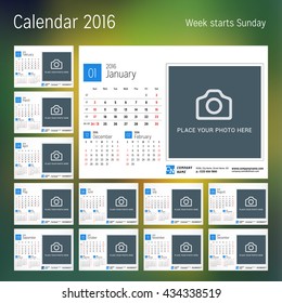 Calendar for 2016 year. Vector design print template with place for photo. Week starts Sunday. Set of 12 calendar pages. Stationery design