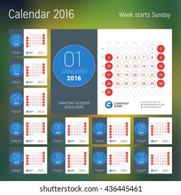 Calendar for 2016 year. Vector design print template with place for photo. Week starts Sunday. Set of 12 calendar pages. Stationery design
