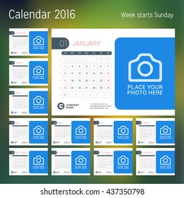 Calendar for 2016 year. Vector design print template with place for photo. Week starts Sunday. Set of 12 calendar pages. Stationery design