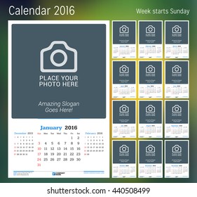 Calendar for 2016 year. Vector design print template with place for photo. Week starts Sunday. Set of 12 calendar pages. Stationery design