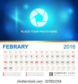 Calendar for 2016 Year. Vector Gold Design Print Template with Place for Photo. February