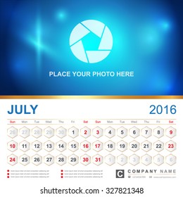 Calendar for 2016 Year. Vector Gold Design Print Template with Place for Photo.July