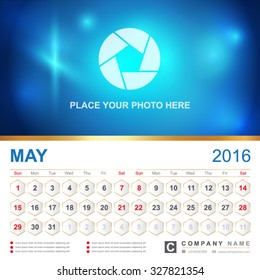Calendar for 2016 Year. Vector Gold Design Print Template with Place for Photo.May