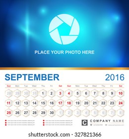 Calendar for 2016 Year. Vector Gold Design Print Template with Place for Photo.September