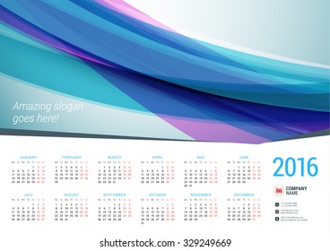 Calendar for 2016 Year. Vector Stationery Design Template with Place for Photo. Landscape Orientation. Week Starts Monday