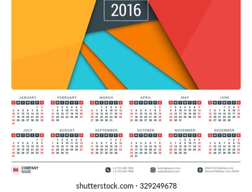 Calendar for 2016 Year. Vector Stationery Design Template with Place for Photo. Landscape Orientation. Week Starts Sunday