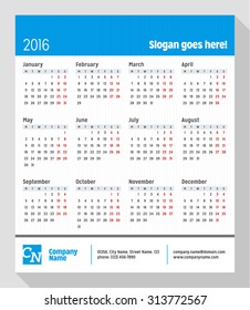 Calendar for 2016 Year. Week Starts Monday. Vector Design Print Template with Place for Slogan, Logotype and Contact Info