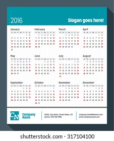 Calendar for 2016 Year. Week Starts Sunday. Vector Design Print Template with Place for Slogan, Logotype and Contact Info