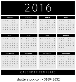 Calendar 2016 year the week starts Monday. New flat modern simple empty template on white background in square format size. Black, gray, white colors. Vector illustration graphic design element EPS 8